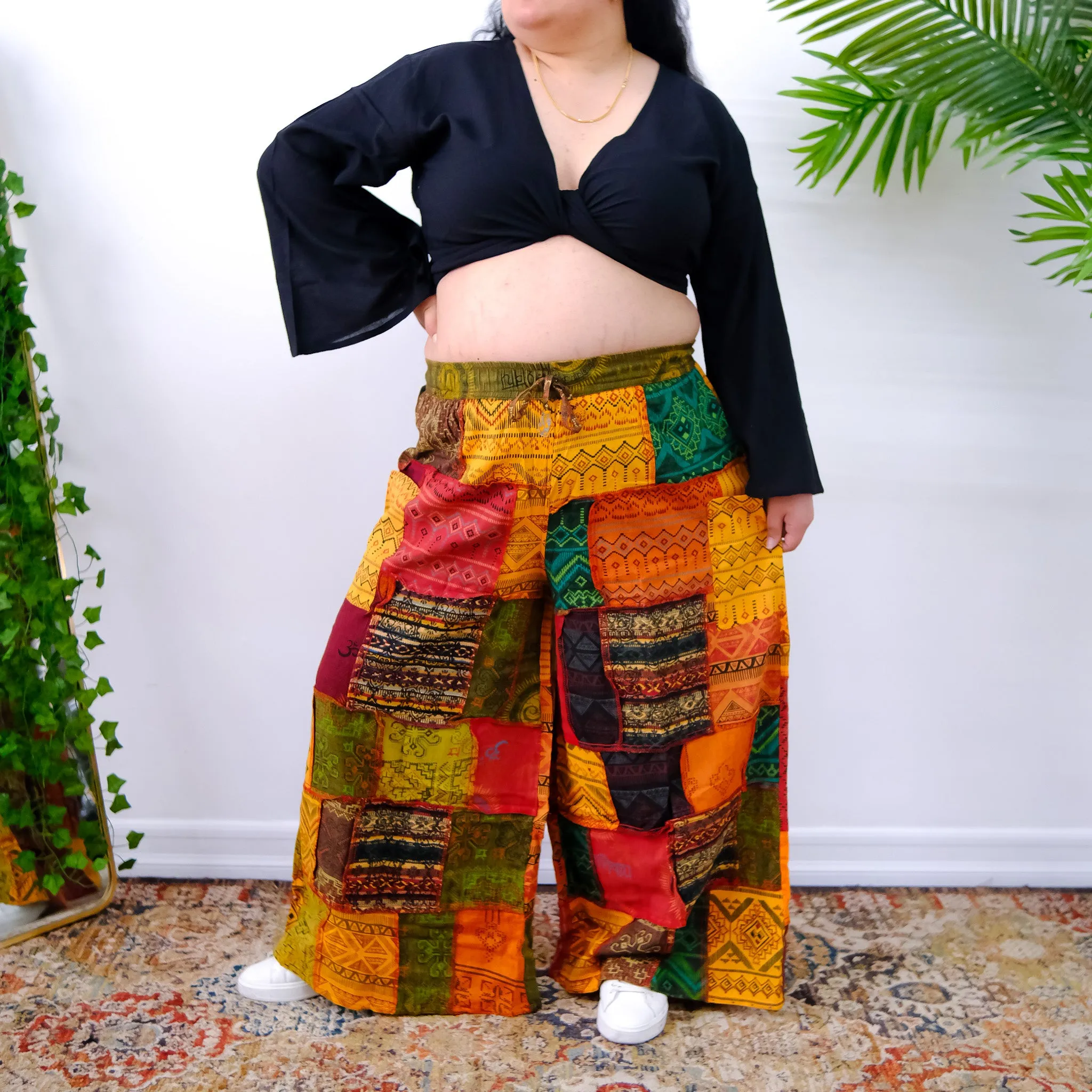 Patchwork Earth Tone Wide Leg Pants