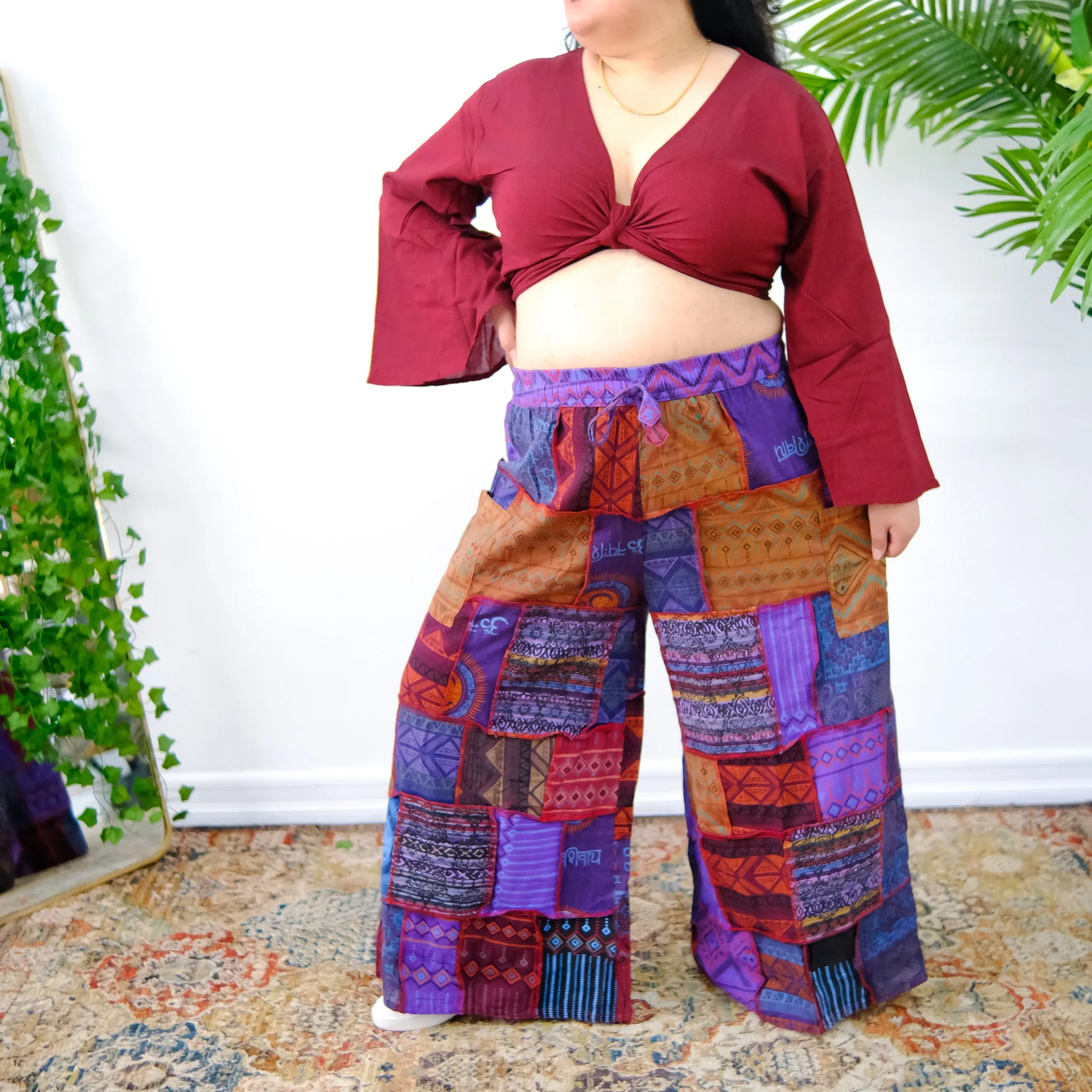 Patchwork Earth Tone Wide Leg Pants