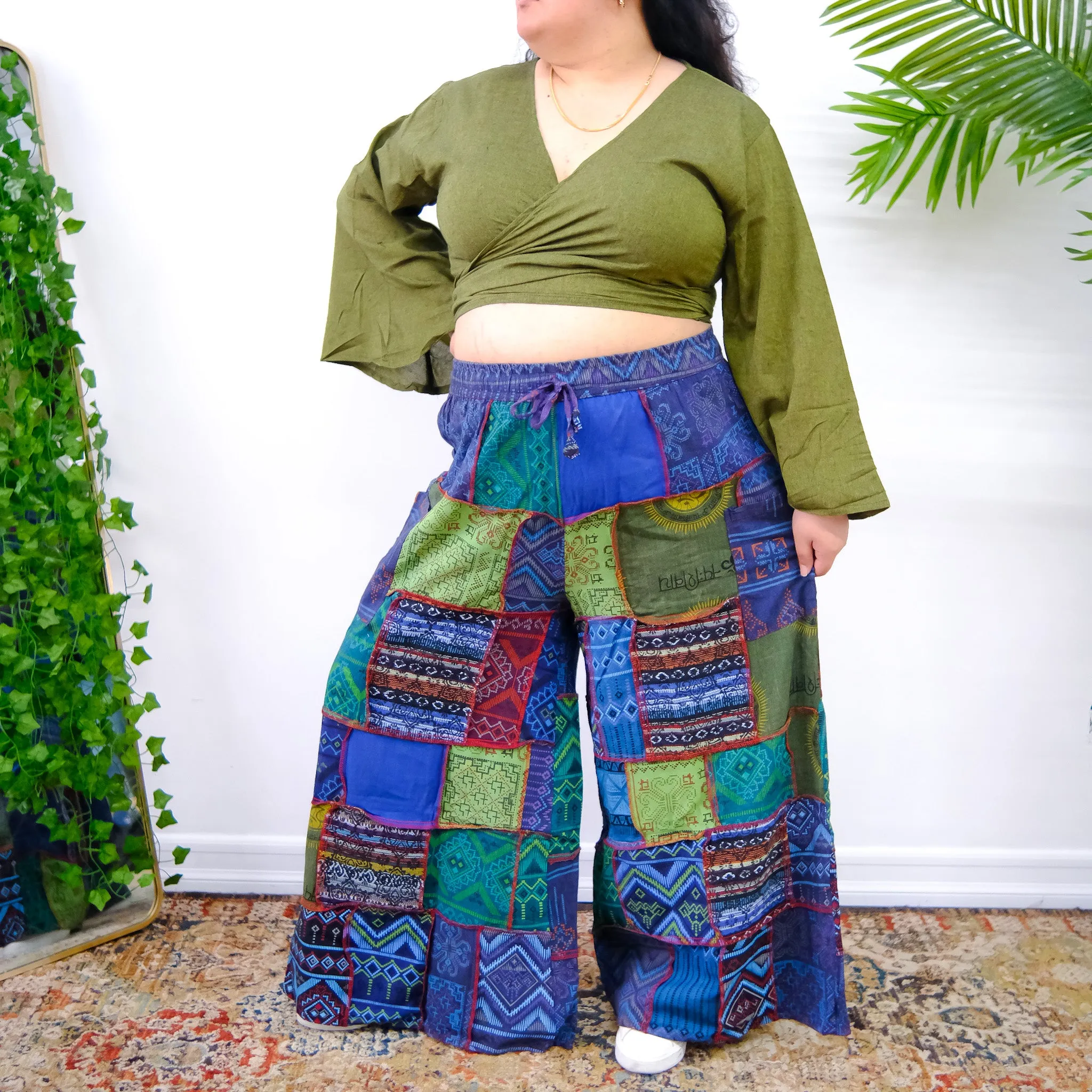 Patchwork Earth Tone Wide Leg Pants