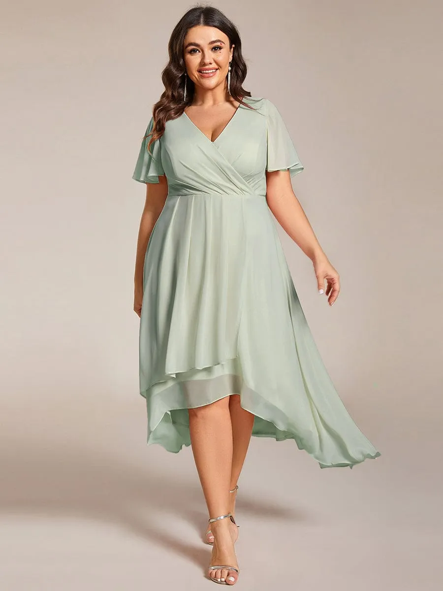 Plus Size Chiffon Short Sleeves Pleated V-Neck A-Line Midi Wedding Guest Dress