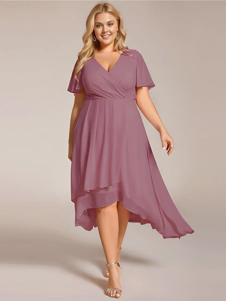 Plus Size Chiffon Short Sleeves Pleated V-Neck A-Line Midi Wedding Guest Dress