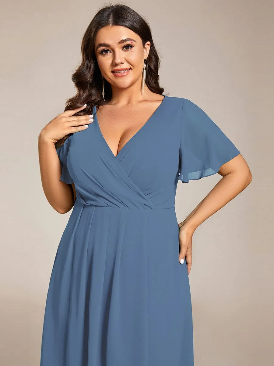 Plus Size Chiffon Short Sleeves Pleated V-Neck A-Line Midi Wedding Guest Dress