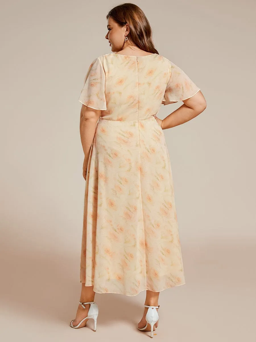 Plus Size Chiffon Short Sleeves Pleated V-Neck A-Line Midi Wedding Guest Dress