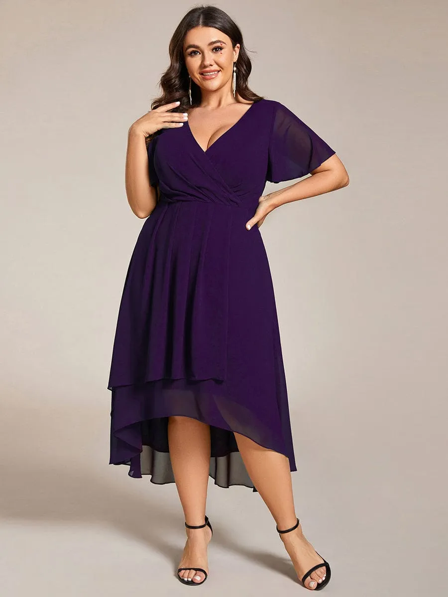 Plus Size Chiffon Short Sleeves Pleated V-Neck A-Line Midi Wedding Guest Dress