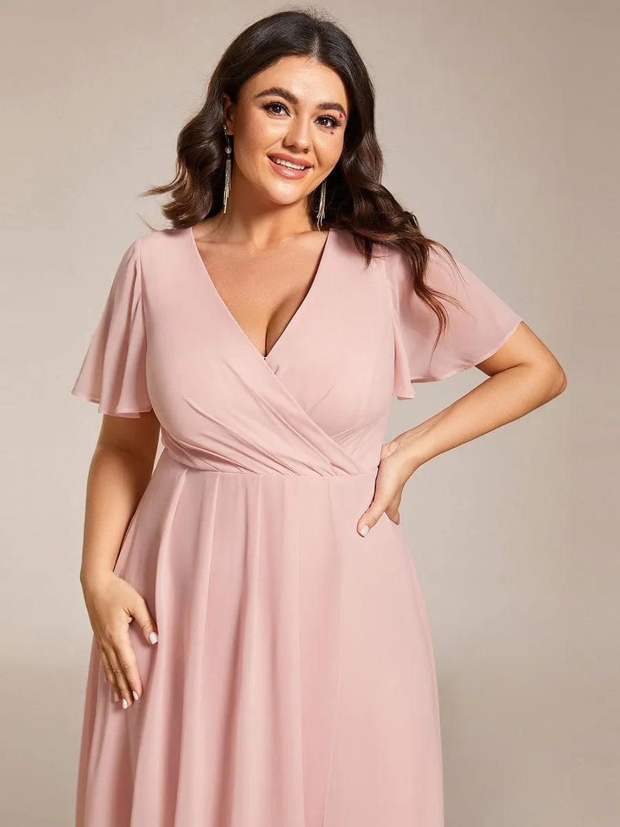 Plus Size Chiffon Short Sleeves Pleated V-Neck A-Line Midi Wedding Guest Dress