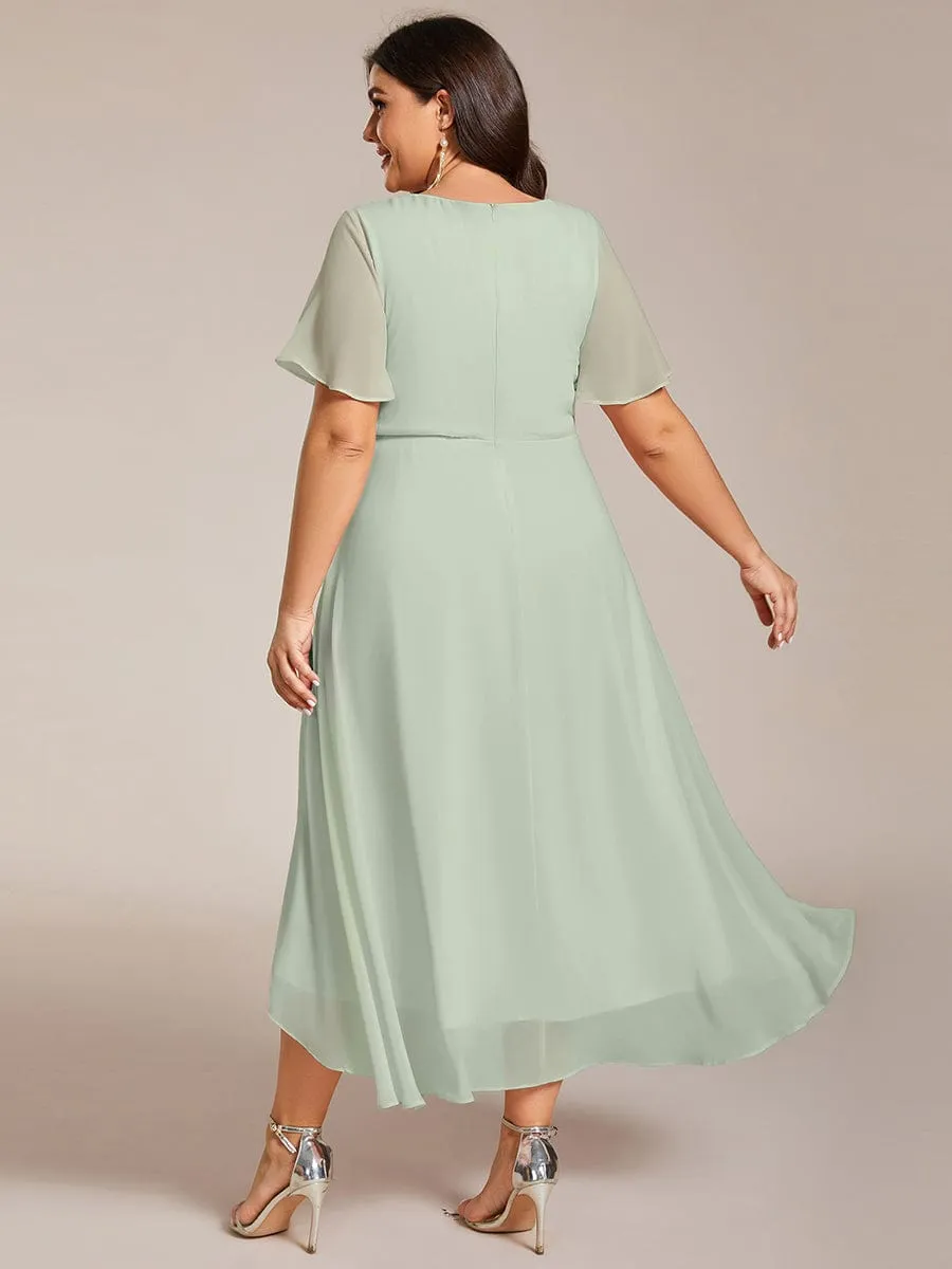 Plus Size Chiffon Short Sleeves Pleated V-Neck A-Line Midi Wedding Guest Dress