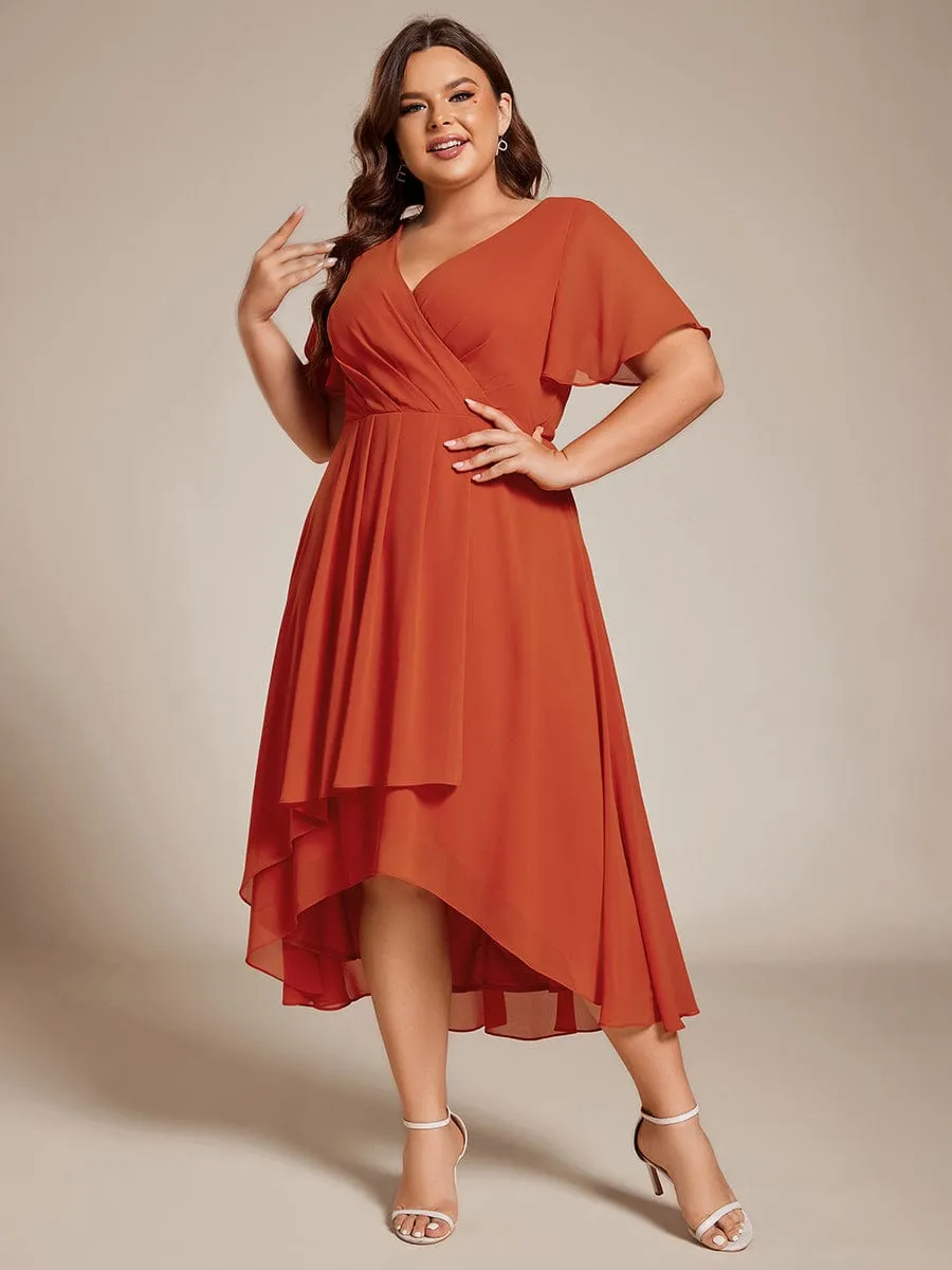 Plus Size Chiffon Short Sleeves Pleated V-Neck A-Line Midi Wedding Guest Dress