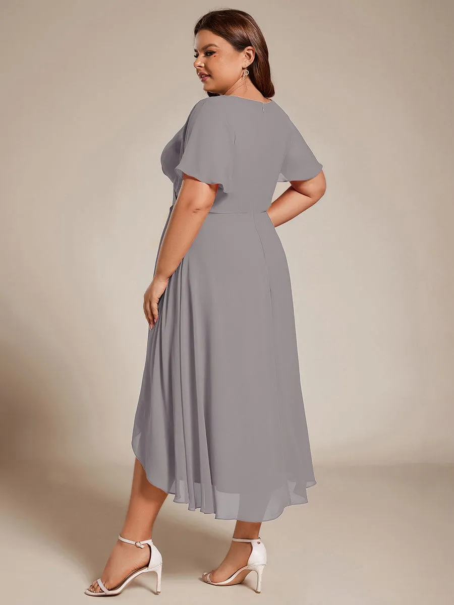 Plus Size Chiffon Short Sleeves Pleated V-Neck A-Line Midi Wedding Guest Dress