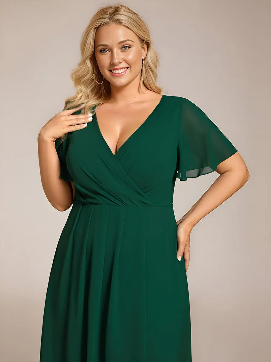 Plus Size Chiffon Short Sleeves Pleated V-Neck A-Line Midi Wedding Guest Dress