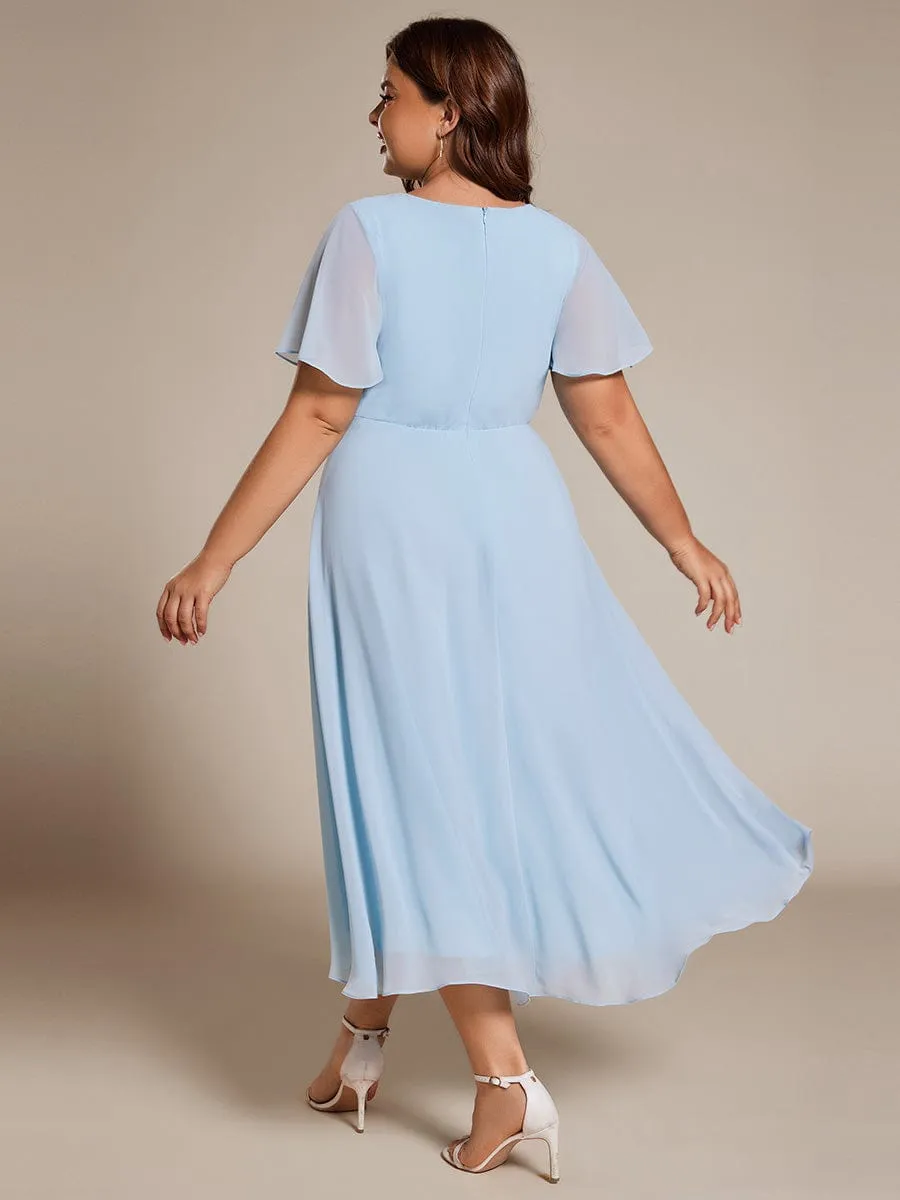 Plus Size Chiffon Short Sleeves Pleated V-Neck A-Line Midi Wedding Guest Dress