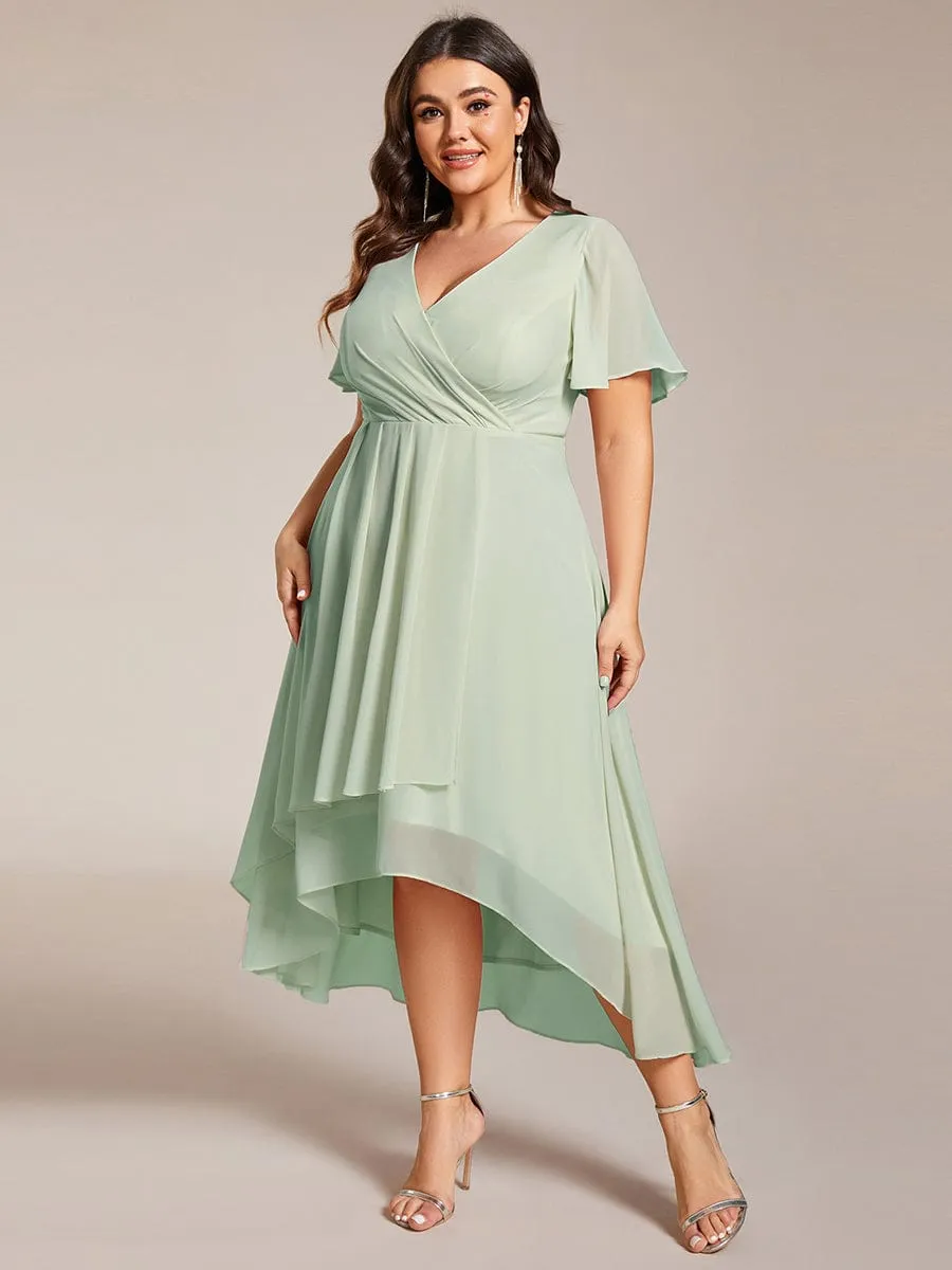 Plus Size Chiffon Short Sleeves Pleated V-Neck A-Line Midi Wedding Guest Dress