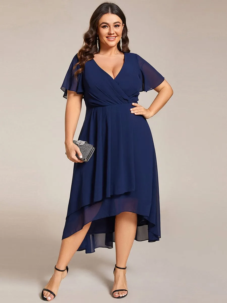 Plus Size Chiffon Short Sleeves Pleated V-Neck A-Line Midi Wedding Guest Dress