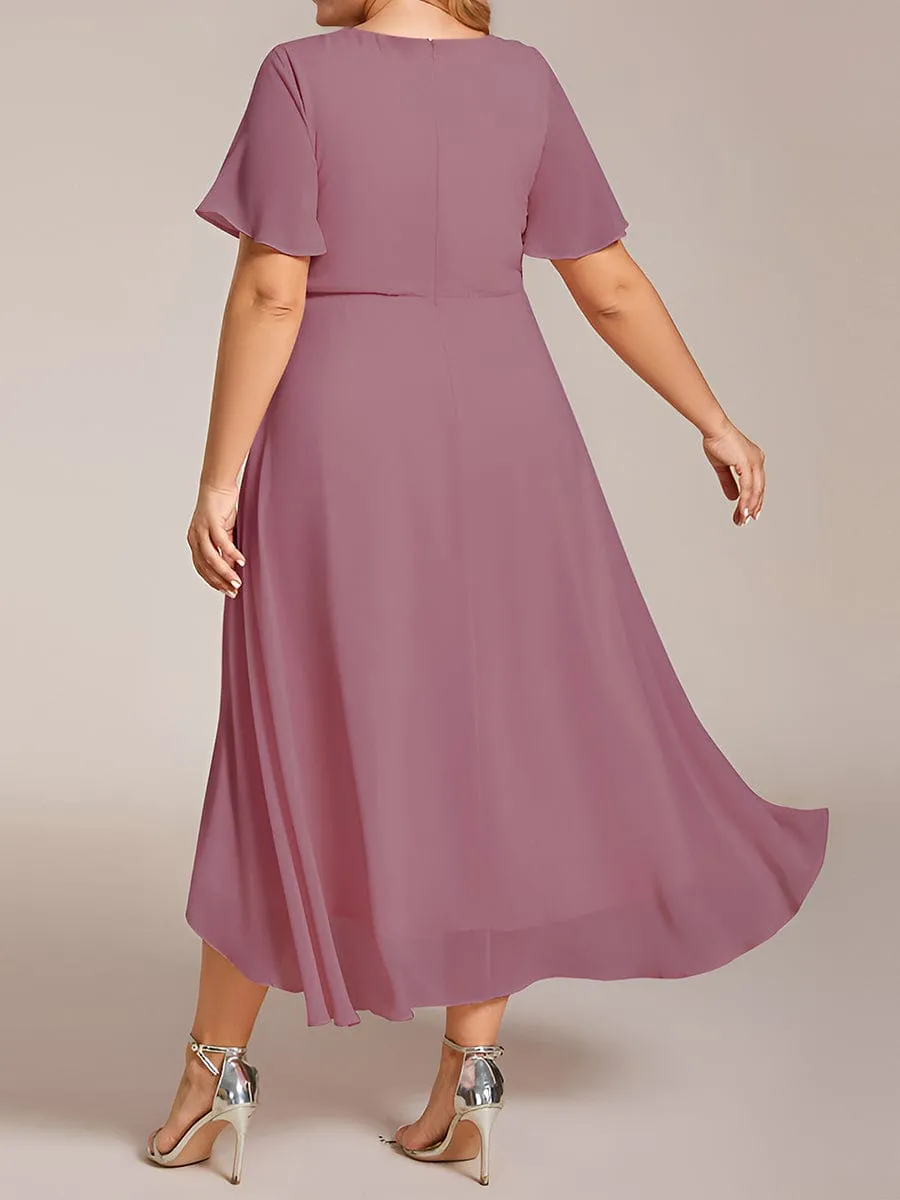 Plus Size Chiffon Short Sleeves Pleated V-Neck A-Line Midi Wedding Guest Dress