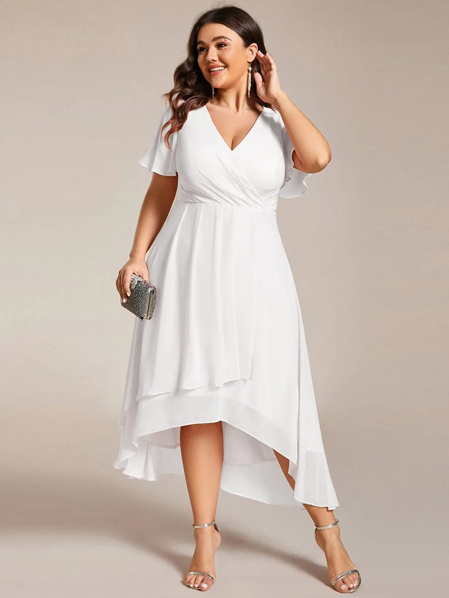 Plus Size Chiffon Short Sleeves Pleated V-Neck A-Line Midi Wedding Guest Dress