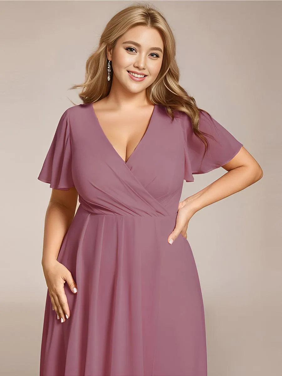 Plus Size Chiffon Short Sleeves Pleated V-Neck A-Line Midi Wedding Guest Dress