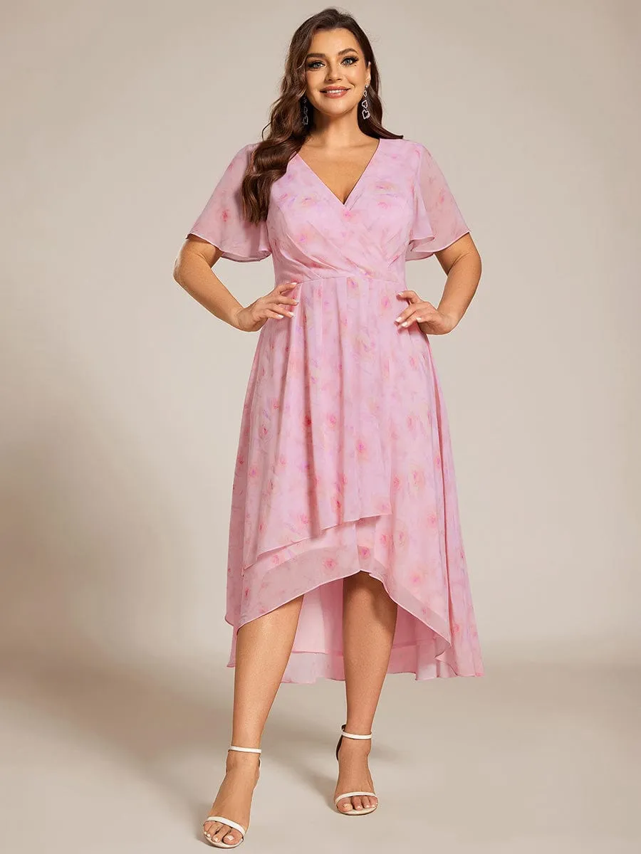 Plus Size Chiffon Short Sleeves Pleated V-Neck A-Line Midi Wedding Guest Dress