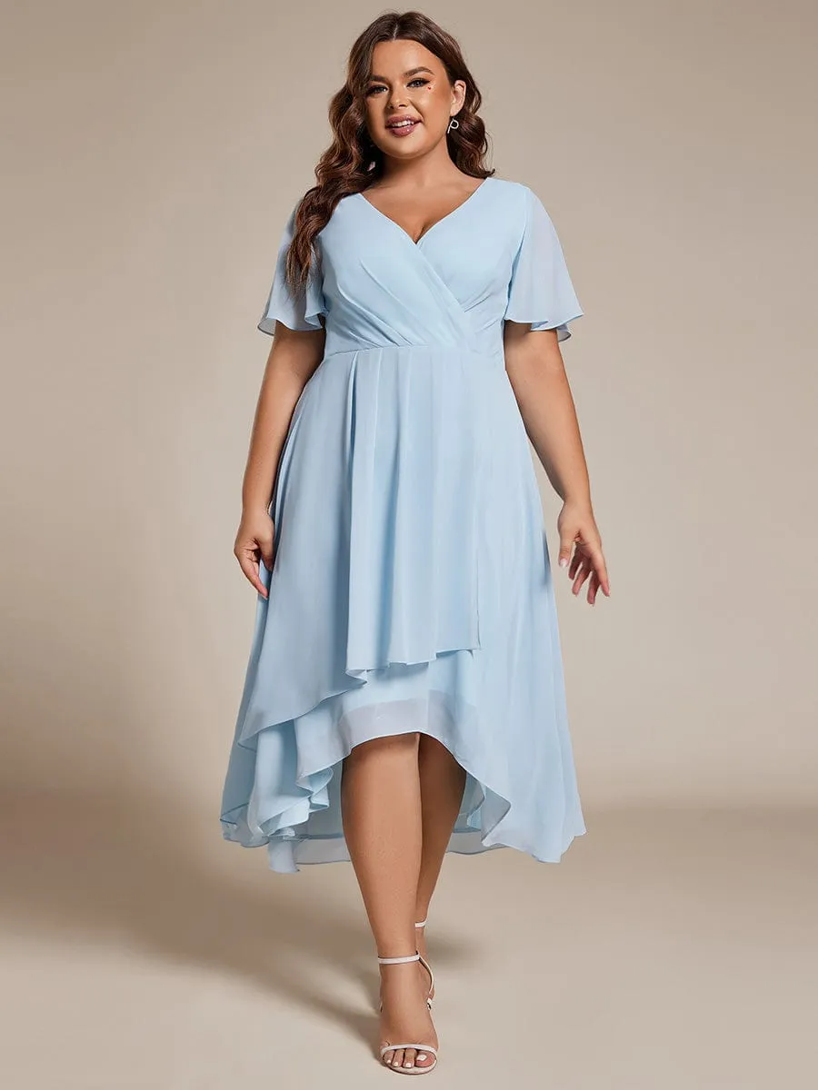 Plus Size Chiffon Short Sleeves Pleated V-Neck A-Line Midi Wedding Guest Dress