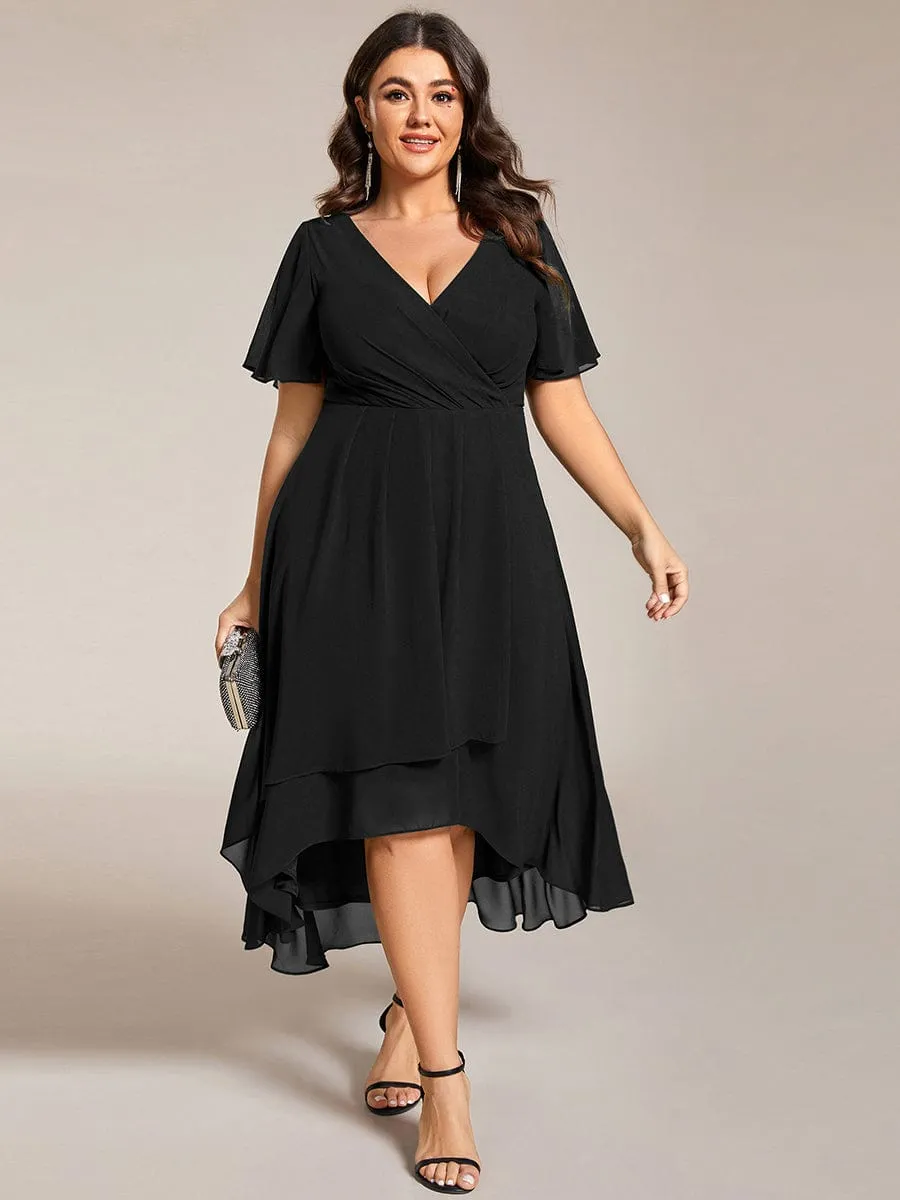 Plus Size Chiffon Short Sleeves Pleated V-Neck A-Line Midi Wedding Guest Dress