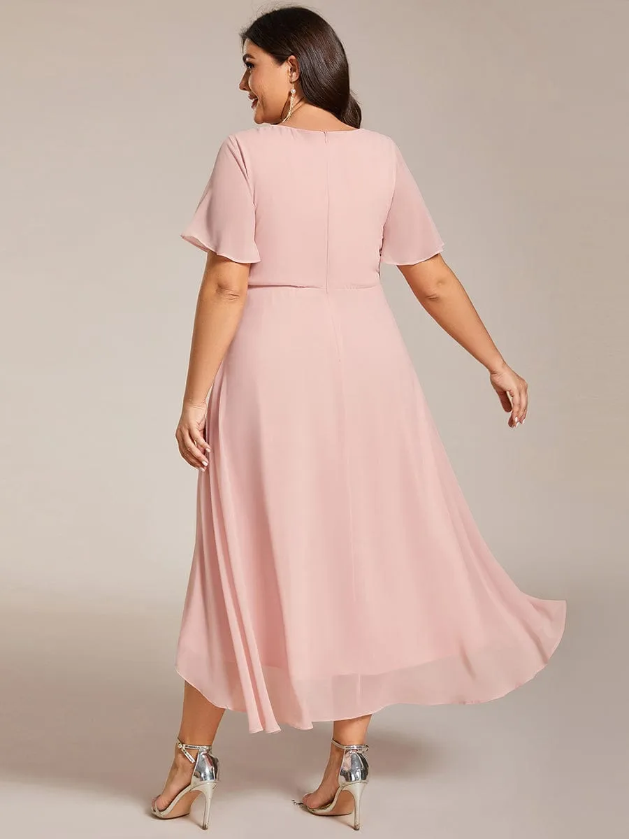 Plus Size Chiffon Short Sleeves Pleated V-Neck A-Line Midi Wedding Guest Dress