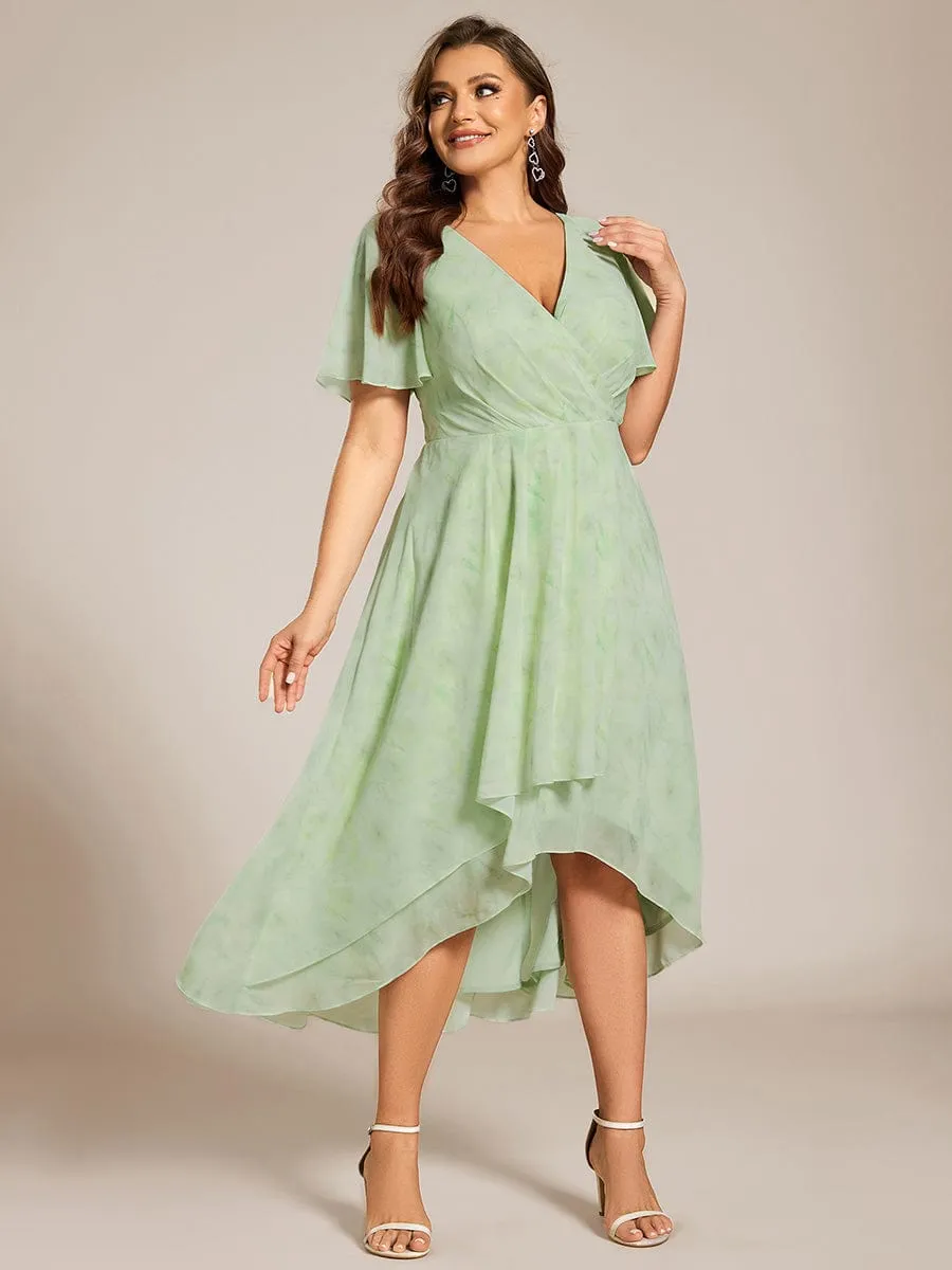 Plus Size Chiffon Short Sleeves Pleated V-Neck A-Line Midi Wedding Guest Dress