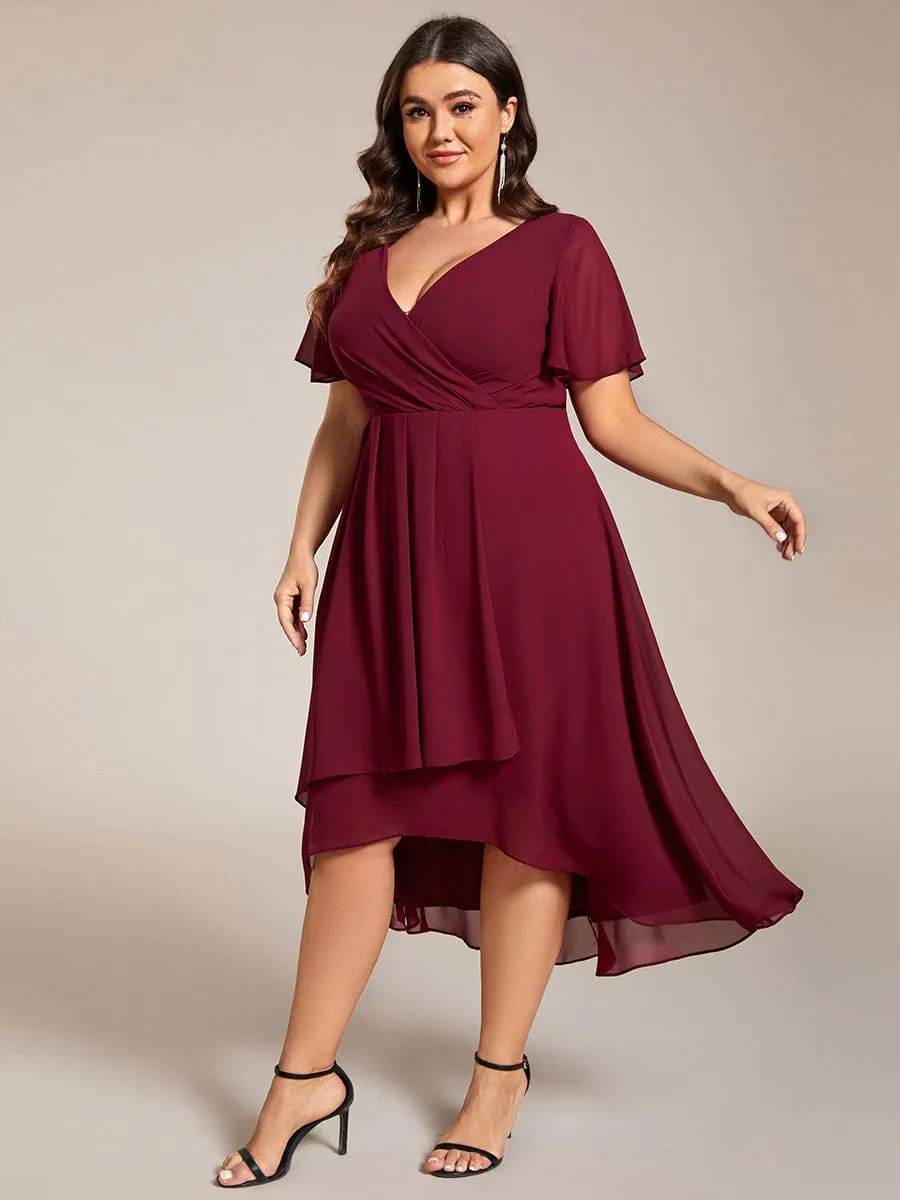 Plus Size Chiffon Short Sleeves Pleated V-Neck A-Line Midi Wedding Guest Dress