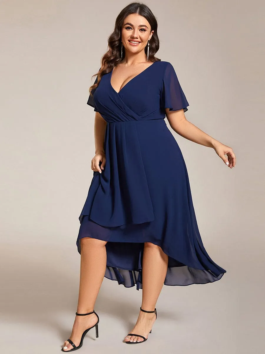 Plus Size Chiffon Short Sleeves Pleated V-Neck A-Line Midi Wedding Guest Dress