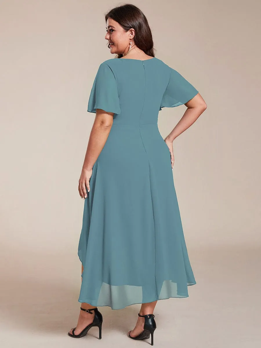 Plus Size Chiffon Short Sleeves Pleated V-Neck A-Line Midi Wedding Guest Dress