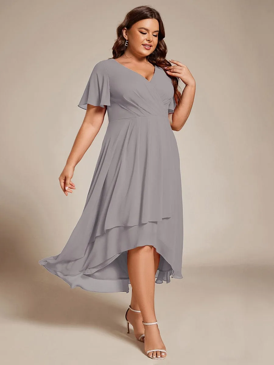 Plus Size Chiffon Short Sleeves Pleated V-Neck A-Line Midi Wedding Guest Dress