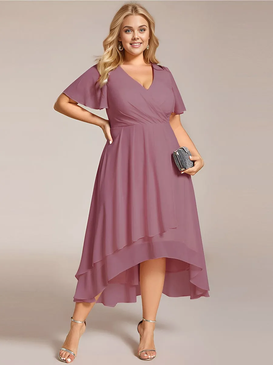 Plus Size Chiffon Short Sleeves Pleated V-Neck A-Line Midi Wedding Guest Dress