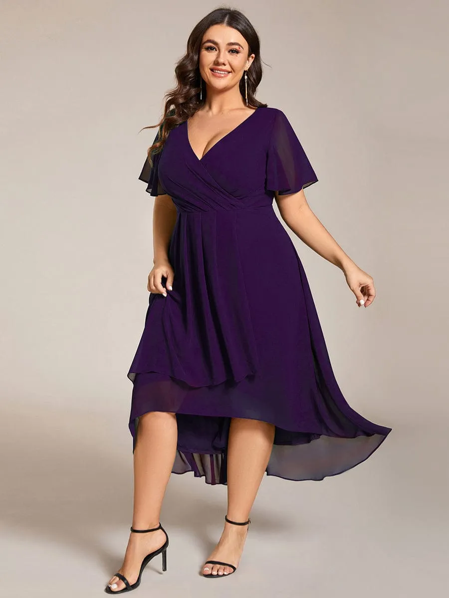 Plus Size Chiffon Short Sleeves Pleated V-Neck A-Line Midi Wedding Guest Dress