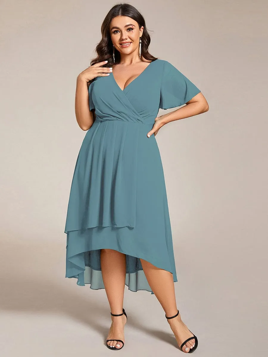 Plus Size Chiffon Short Sleeves Pleated V-Neck A-Line Midi Wedding Guest Dress