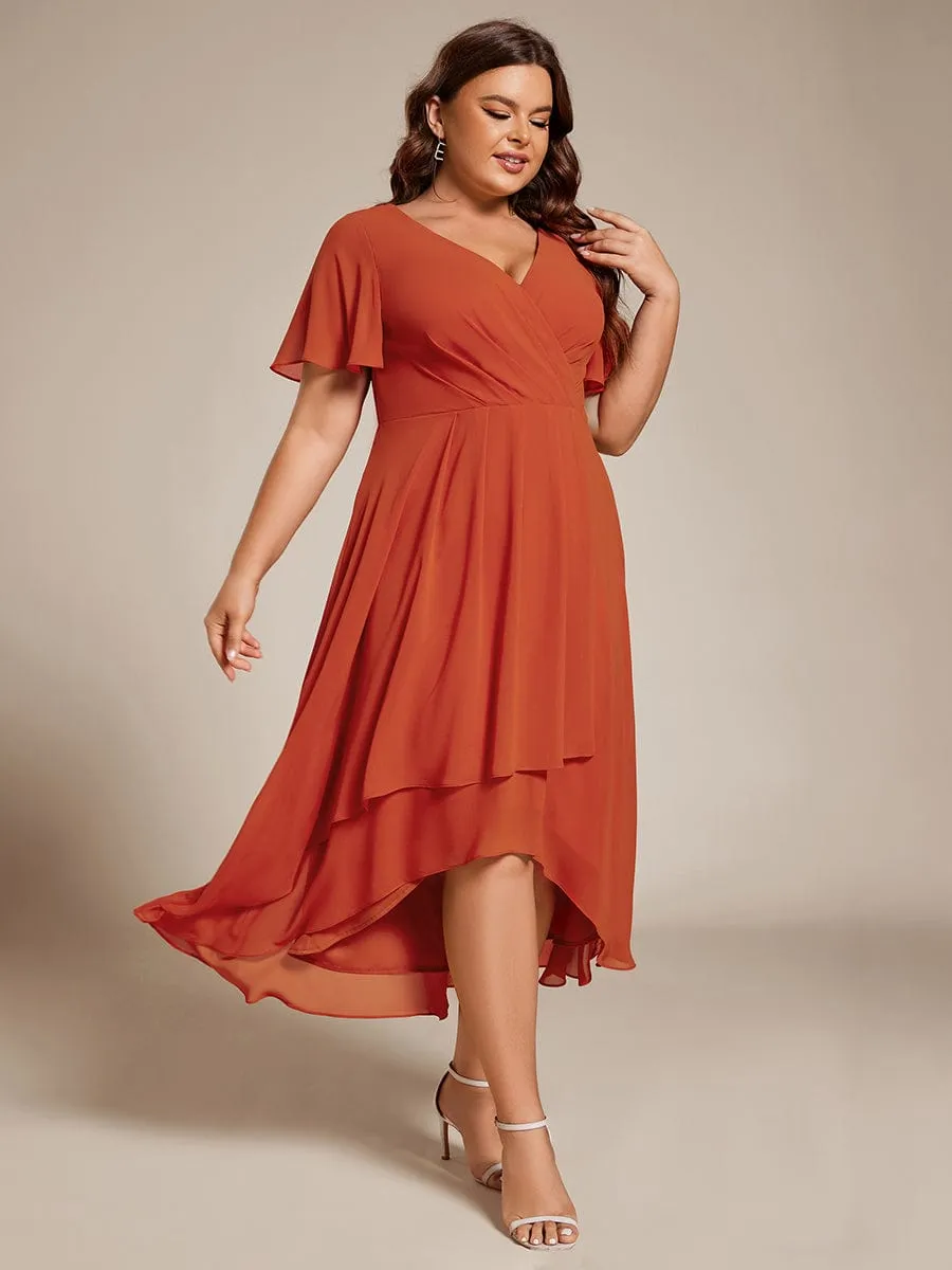 Plus Size Chiffon Short Sleeves Pleated V-Neck A-Line Midi Wedding Guest Dress