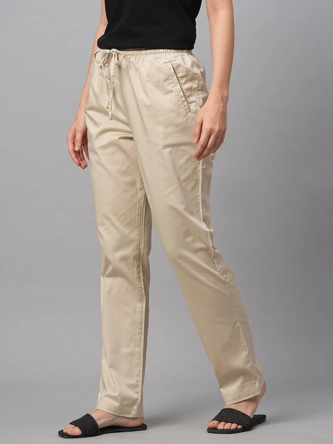 Women's Beige Cotton Lycra Regular Fit Pant