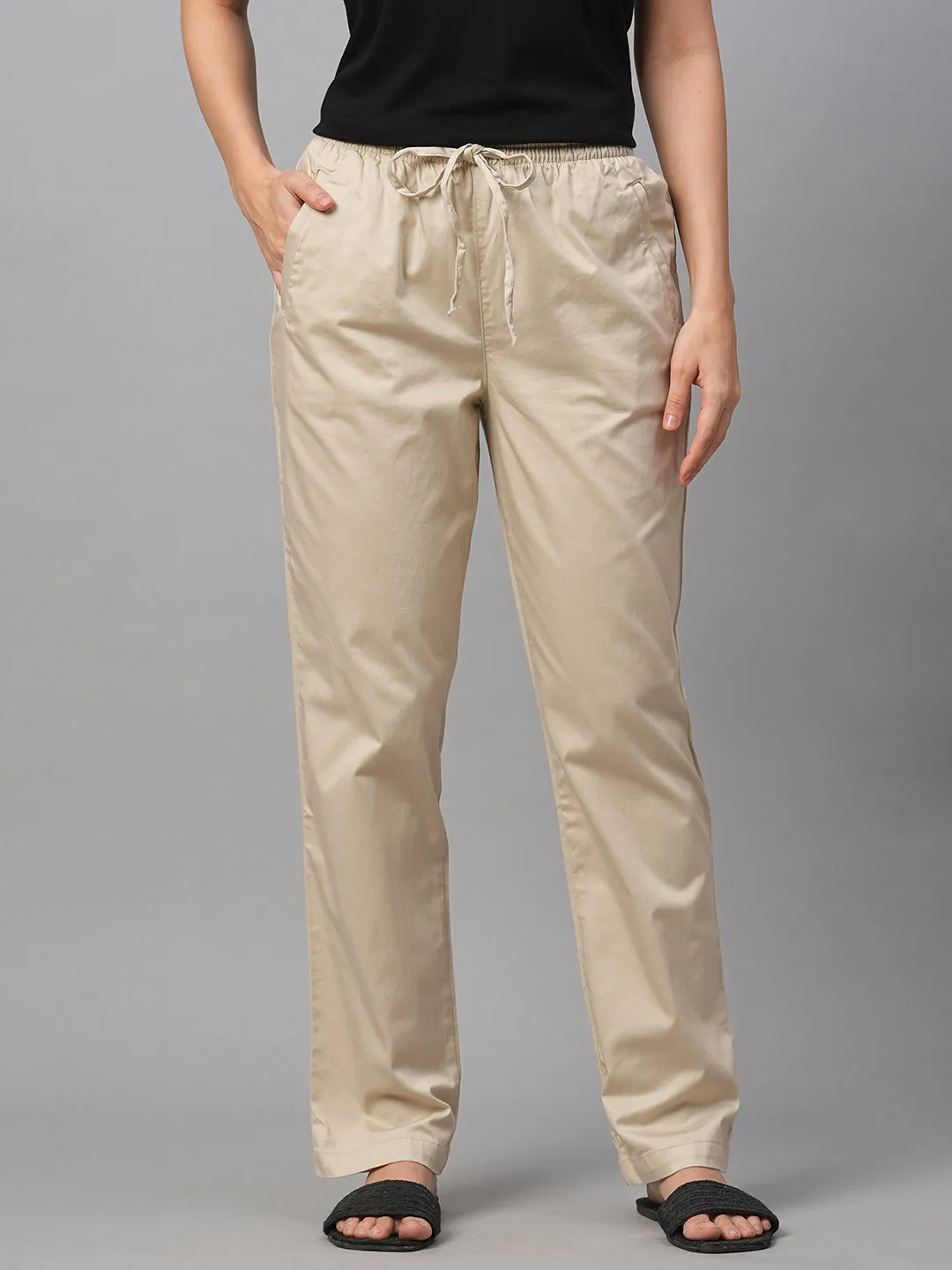 Women's Beige Cotton Lycra Regular Fit Pant