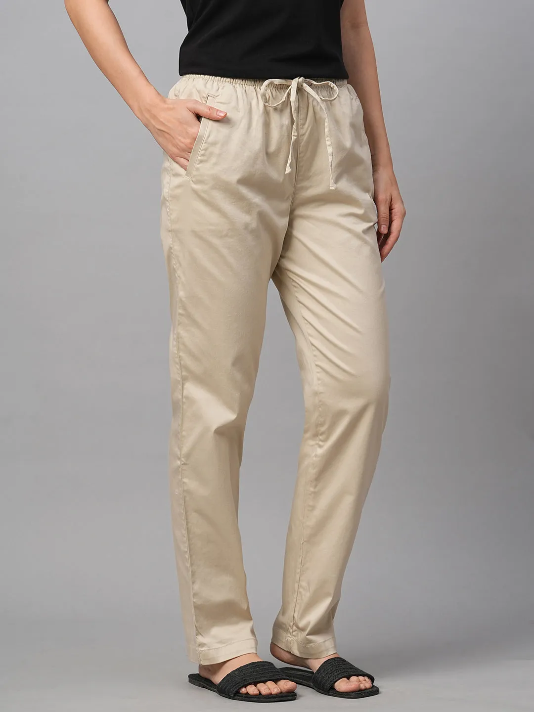 Women's Beige Cotton Lycra Regular Fit Pant