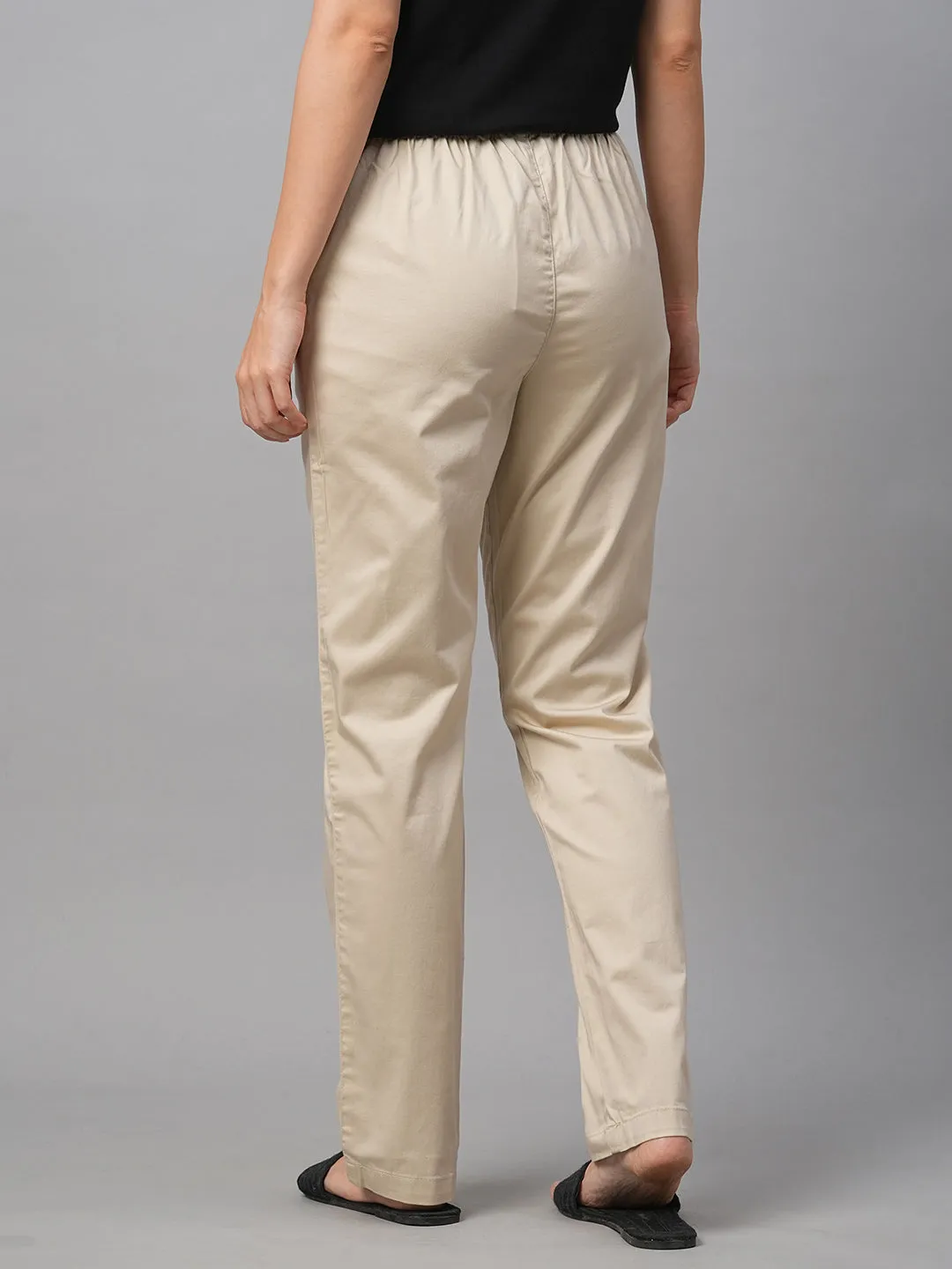 Women's Beige Cotton Lycra Regular Fit Pant