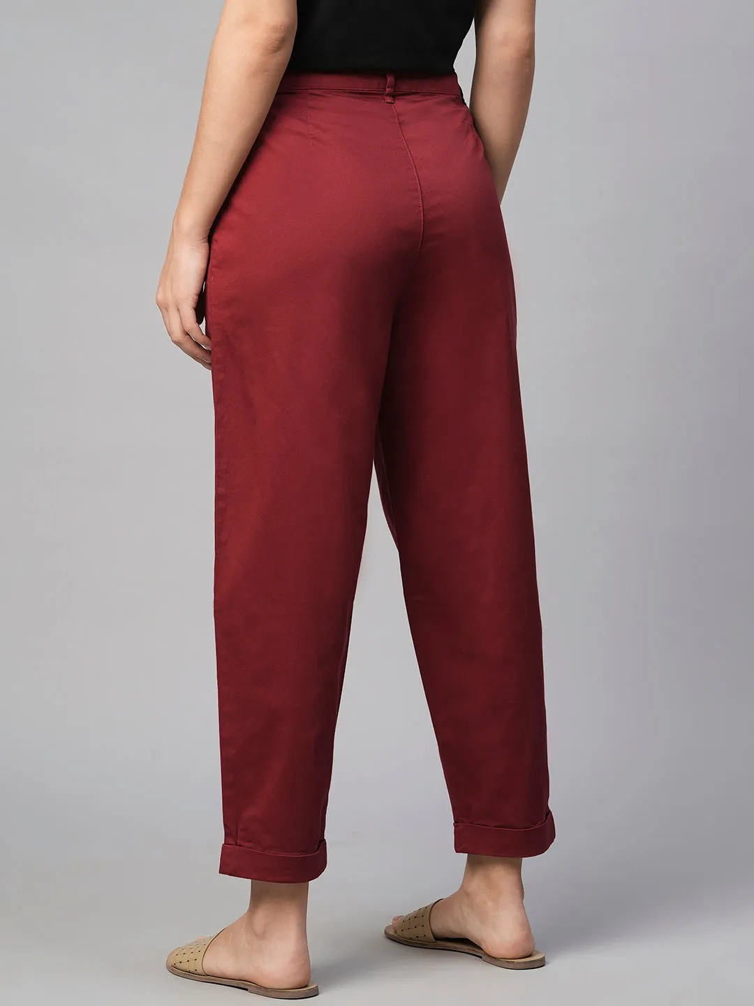 Women's Cotton Elastane Maroon/Red Loose Fit Pant