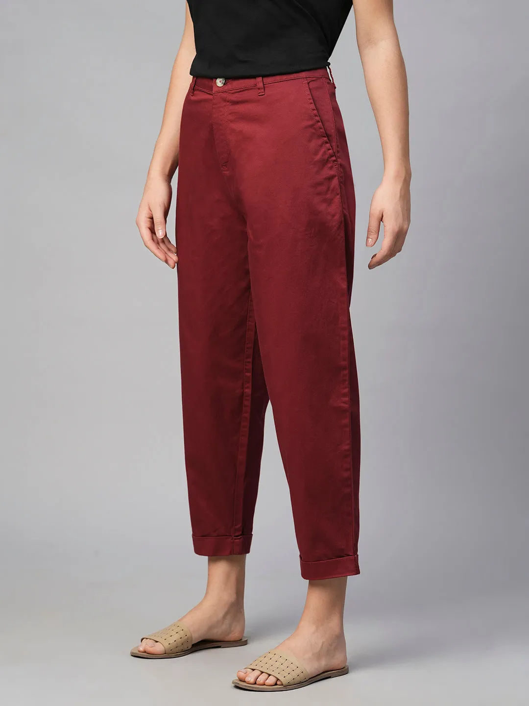 Women's Cotton Elastane Maroon/Red Loose Fit Pant