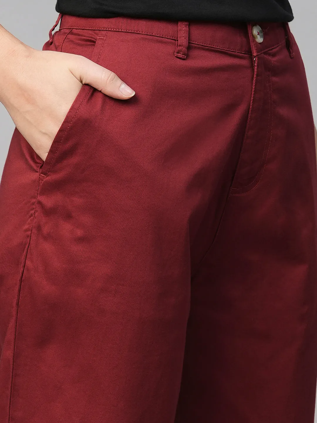 Women's Cotton Elastane Maroon/Red Loose Fit Pant