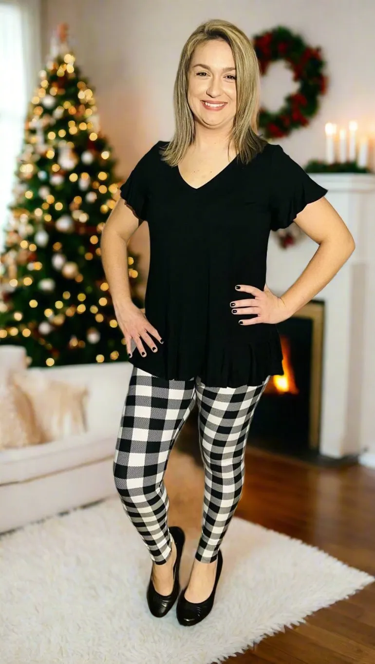 Womens Plaid Leggings | Black White Plaid Leggings | Yoga Pants | Footless Tights | Yoga Waistband